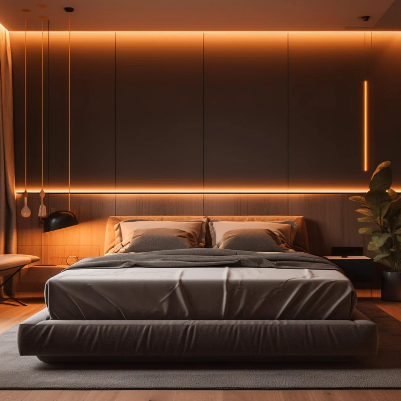 Camera da letto moderna con luce integrata a LED calda